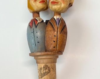 Vintage Mechanical Bottle Stopper Couple with Two Heads Hand Carved Folk Art