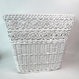 Vintage Wicker Trash Can Basket 1970s White Small Bedroom Bathroom Rectangular Rattan