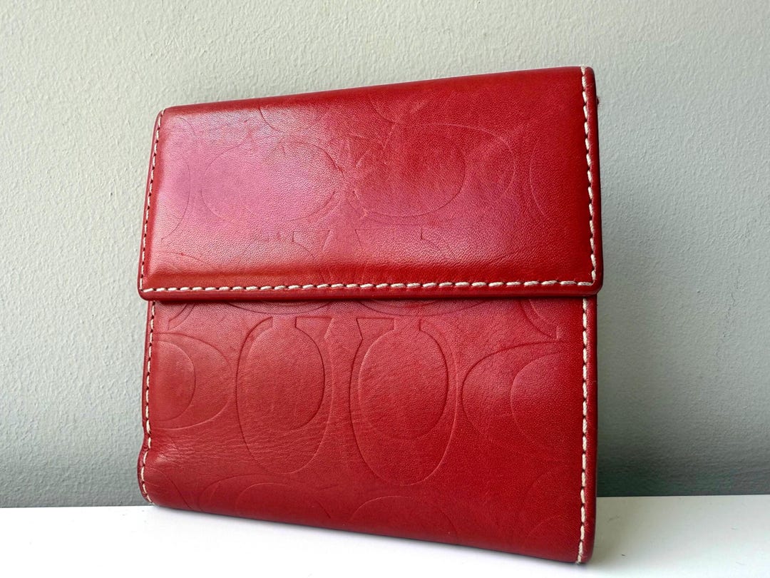 COACH Signature Embossed Mini Wallet in Cherry Red With Contrast