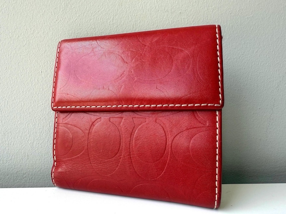 COACH Signature Embossed Mini Wallet in Cherry Red With Contrast