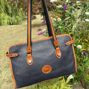 Dooney & Bourke Large Vintage Shopping Tote, Shoulder Bag Style R41, in Navy All Weather Leather with Tan Trim