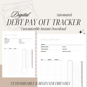 Könnte beinhalten: Ein digitaler Schulden-Tilgungstracker mit einem anpassbaren Sofort-Download. Der Tracker verfügt über eine Thermometergrafik und eine Tabelle zur Verfolgung von Schuldenzahlungen. Der Text "Debt pay off tracker" befindet sich oben auf der Seite.