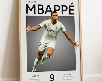 Póster de Kylian Mbappé del Real Madrid: Arte mural de fútbol moderno (descarga digital)