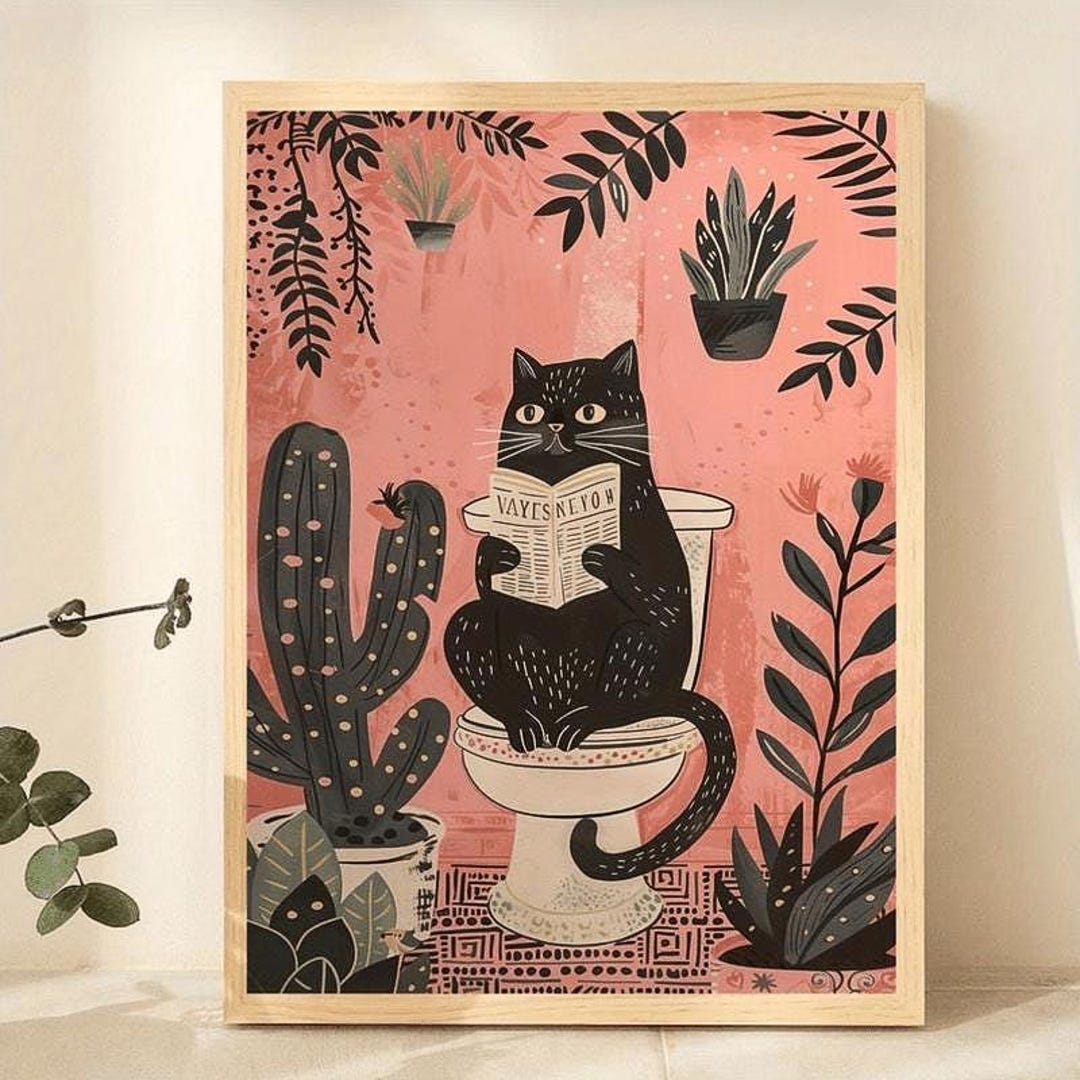 Funny Black Cat Bathroom Wall Art - Black Cat Reading Newspaper on ...