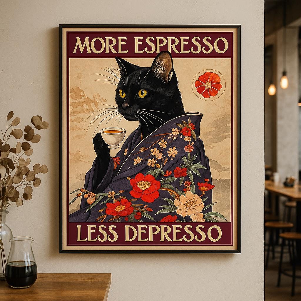 Japanese Coffee Cat Poster - Etsy