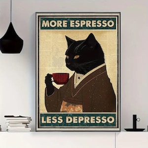 Vintage Black Cat Espresso Printable Poster, Black Cat Print, More Espresso Less Depresso Cat Poster, Digital Print, Cat Wall Art, Retro Cat