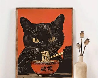 Black Cat Ramen Poster: Funny Asian Kitchen Wall Art (Digital Download)