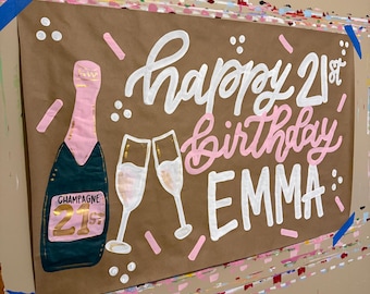 Twenty First Birthday painted banner, 21st birthday, Nashville, Party Sign, Kraft paper banner, custom hand painted, party banner, College