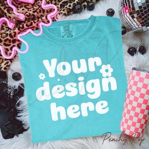 Lagoon Comfort Colors C1717 Mockup Flat Lay, Lagoon Folded Tshirt Mock-up, Boho Flatlay Aesthetic, Digital File