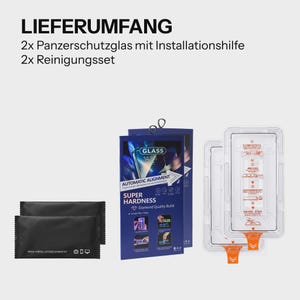 Op de afbeelding: Een productpakket met de tekst "LIEFERUMFANG" en "2x Panzerschutzglas mit Installationshilfe 2x Reinigungsset". Het pakket bevat twee zwarte reinigingskits, twee blauwe verpakkingen met de tekst "GLASS 14:58" en "SUPER HARDNESS" en twee transparante plastic cases.