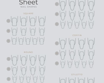 May include: A light gray practice sheet with nail shape diagrams. The sheet displays various nail shapes, including square, round, oval, almond, coffin, and stiletto, each in large, medium, and small sizes. Text at the top reads "Practice Sheet NAIL SHAPES."