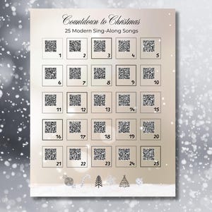 以下が含まれることがあります： 25個のQRコードが付いた、印刷可能なクリスマスまでのカウントダウン。各コードは、現代のクリスマスソングを一緒に歌えるようにリンクされています。