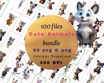 50 Cute Animals Clipart Bundle | PNG & SVG Files | High-Quality 300 DPI | Adorable Animals for Crafts, Cards, Digital Projects