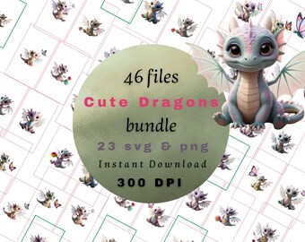 23 Cute Dragons Clipart Bundle | PNG & SVG Files | High-Quality 300 DPI | Adorable Dragons for Crafts, Cards, Digital Projects