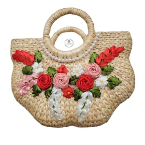 Besonderes Geschenk - Handgefertigte Rattan Floral Einkaufstasche mit Perlengriff | Perfekt für Hochzeiten, Geburtstage, Muttertag & Sommer Style