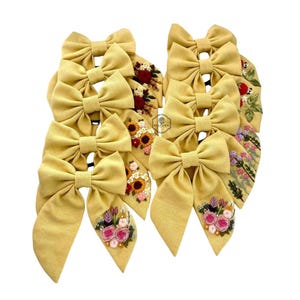 Handmade Embroidered Bow Hair Clip – Floral Linen Hair Accessory | Gift for Girls, Women, Bridesmaids