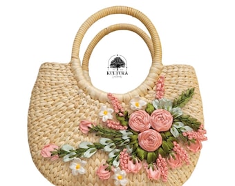 Borsa in rattan ricamata fatta a mano - Borsa a mano intrecciata floreale, regalo per lei / Borsa in paglia boho / Regalo di Natale per donna / Borsa artigianale Kultra