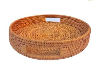 Ręcznie robiona taca z rattanu z uchwytami, okrągła pleciona taca do serwowania, naturalny koszyk z bambusa i rattanu, wystrój wnętrz w stylu boho