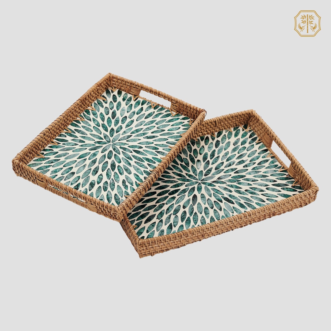 Handwoven Rattan Tray Set With Shell Inlay | Rectangular Serving Trays ...