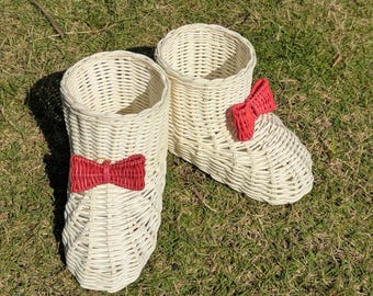 Handwoven Rattan Wicker Christmas Boot | Santa Boot Gift Basket & Storage | Holiday Decor