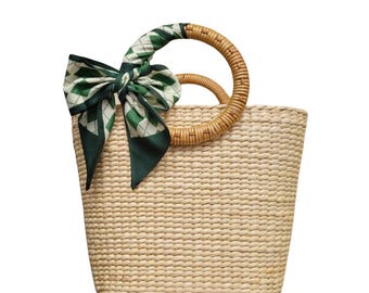 Handmade Rattan Bag with Silk Scarf Bow | Woven Straw Purse with Round Handle | Elegant Boho Gift for Her | Holiday & Summer Handbag