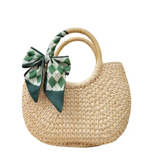 Handwoven Rattan Bag with Bow Scarf – Summer Straw Purse | Boho Beach Tote | Wicker Handbag | Picnic Bag | Gift for Her