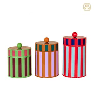 Handgemaakte lakvoorraadpot, gestreepte snoepdoos met deksel, kleurrijke keukenbus, decoratieve opbergpot voor thuis