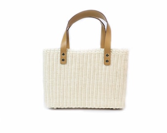 Elegant White Rattan Tote Bag with Tan Leather Handles | Handwoven Summer Handbag | Minimalist Straw Purse for Beach & Everyday Gift