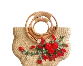 Borsa di paglia ricamata a mano con fiori / Borsa di paglia intrecciata con manici rotondi / Regalo boho per lei / Borsa alla moda per Natale e feste