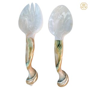 Handgefertigtes Muschel-Salatbesteck-Set, Perlmutt-Löffel und -Gabel, Muschel-Utensilien, natürliches Servierset, Küstentischdekoration