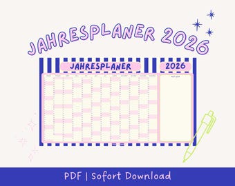 Digital Year Planner 2026 PDF | Printable Yearly Calendar | Yearly Calendar | Yearly Wall Calendar