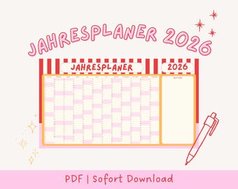 Digital Year Planner 2026 PDF | Printable Yearly Calendar | Yearly Calendar | Yearly Wall Calendar