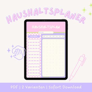 Könnte beinhalten: Ein digitaler Planer auf einem Tablet, mit rosa und lila Design. Der Planer hat Abschnitte für Aufgaben und einen Wochenplan. Das Wort "HAUSHALTSPLANER" steht über dem Tablet. Ein Stift und eine Handgrafik sind ebenfalls vorhanden.