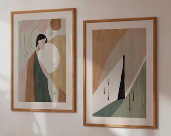 Set abstracte kunstafdrukken: beige minimalistisch interieur (digitale download)