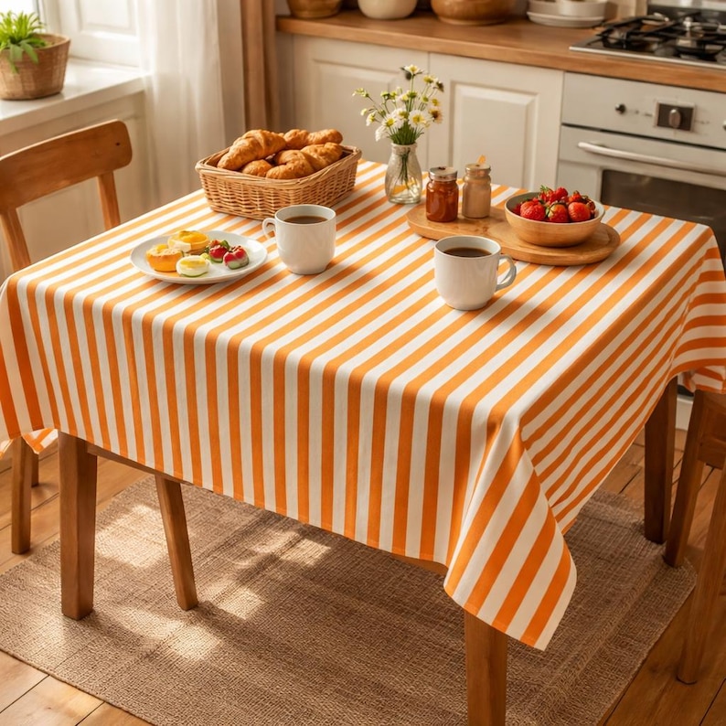 May include: A dining table with an orange and white striped tablecloth. The table is set with a plate of food, two mugs, a bowl of strawberries, and a basket of croissants. The scene is in a kitchen setting.
