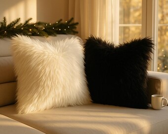 Faux Fur Pillow Cover Double Sided White Black Plush Cushion Luxury Home Decor Farmhouse Modern Gift Multiple Sizes Handmade