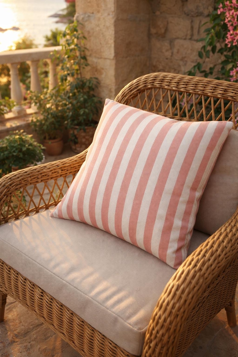 May include: A square decorative pillow with vertical stripes in light pink and white rests on a wicker chair. The chair has a beige cushion. The setting is outdoors, with plants and a stone wall in the background.