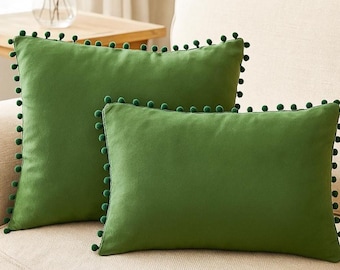 Green Velvet Pom Pom Pillow Cover – 45x45 & 35x50 – Soft Raschel Fabric Cushion for Sofa, Bed, Boho Home Decor - Cozy Living Room Style