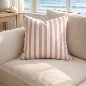 Dusty Pink Stripe Pillow Cover Outdoor Waterproof Cushion Coastal Summer Patio Pillow Linen Cotton Look Cushion Cover image 11