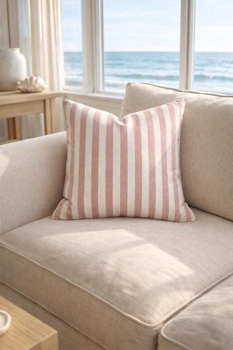 Dusty Pink Stripe Pillow Cover Outdoor Waterproof Cushion Coastal Summer Patio Pillow Linen Cotton Look Cushion Cover image 11