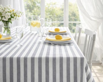 Gray White Striped Tablecloth Waterproof Stain Resistant Table Cover Modern Farmhouse Indoor Outdoor Tablecloth