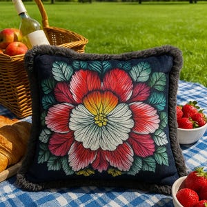 Puede incluir: Cojín decorativo cuadrado con un gran diseño floral en rojo, blanco, amarillo y verde sobre un fondo azul marino. El cojín tiene un ribete de piel sintética gris oscuro. El cojín está sobre una manta a cuadros azules y blancos.
