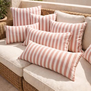 Dusty Pink Stripe Pillow Cover Outdoor Waterproof Cushion Coastal Summer Patio Pillow Linen Cotton Look Cushion Cover image 4