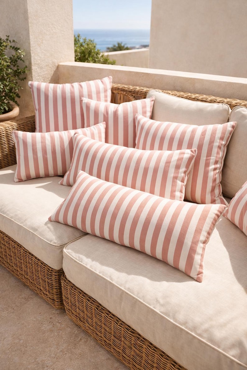 Dusty Pink Stripe Pillow Cover Outdoor Waterproof Cushion Coastal Summer Patio Pillow Linen Cotton Look Cushion Cover image 4