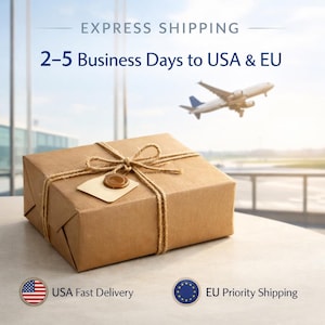May include: A brown cardboard parcel tied with twine and a small tag, sealed with a wax seal. An aeroplane flies in the background. The text "EXPRESS SHIPPING" and "2-5 Business Days to USA & EU" are visible.