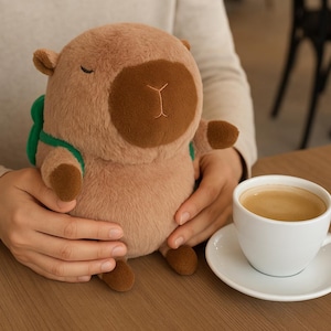 May include: A plush capybara toy in shades of brown, with a darker brown snout and small ears. It has a green and brown backpack. The toy is held in someone's hands, next to a white coffee cup on a saucer.