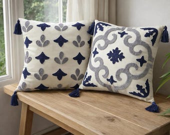 Handmade Navy & Gray Punch Needle Pillow Covers: Boho Tassel Cushion Set