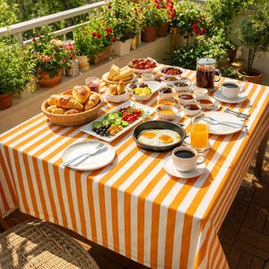 Orange Stripe Tablecloth Waterproof Stain Resistant Cotton Linen Tablecloth Cabana Stripe Summer Table Cover Dining Table Decor image 1
