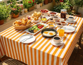 Orange Stripe Tablecloth Waterproof Stain Resistant Cotton Linen Tablecloth Cabana Stripe Summer Table Cover Dining Table Decor