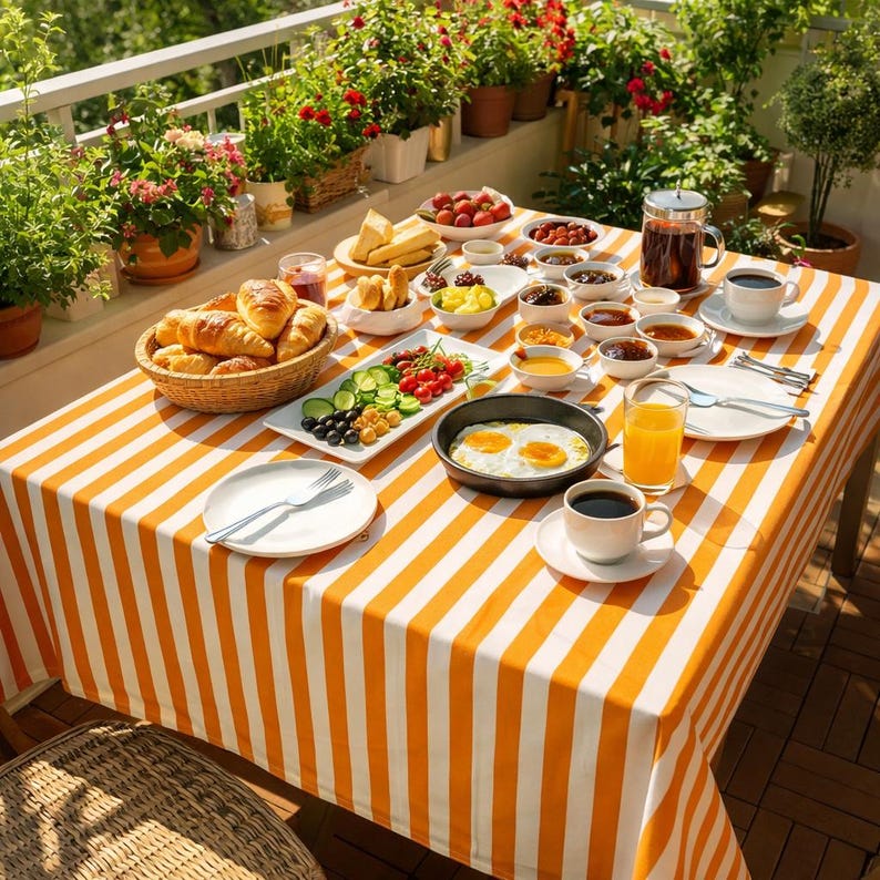 Orange Stripe Tablecloth Waterproof Stain Resistant Cotton Linen Tablecloth Cabana Stripe Summer Table Cover Dining Table Decor image 1